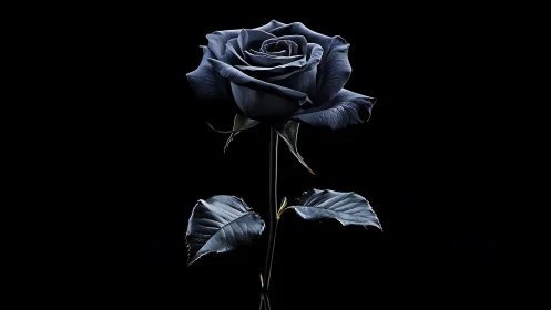 Deep Blue Rose: Botanical Study on Black Minimalist Ground.