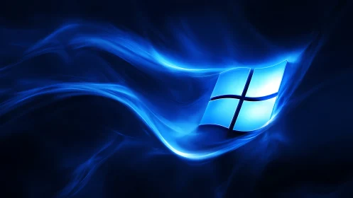 Glowing Windows-style logo suspended in dynamic blue light waves