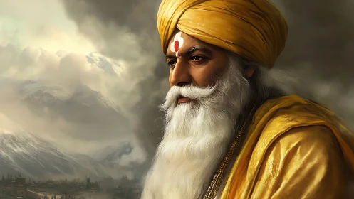 Elderly sage in golden turban before stormy mountain vista.