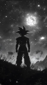 Backlit anime warrior silhouette under luminous starfield sky