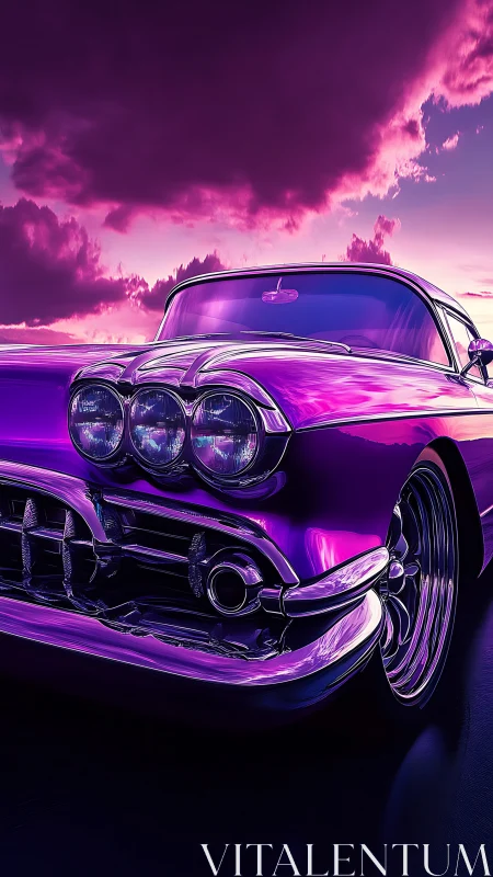 Neon purple classic car gleams under a dramatic sunset sky