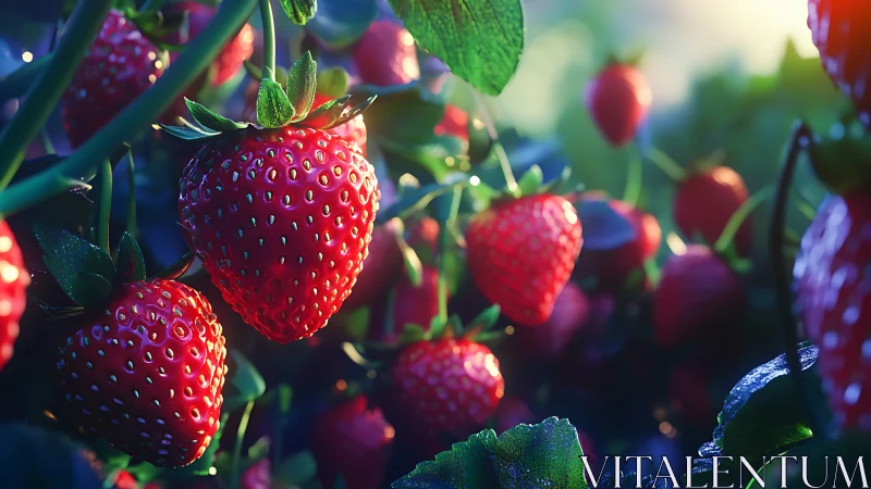 Sunlit macro strawberries with high-contrast specular highlights