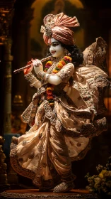 Ornate devotional sculpture of flute player in temple light.