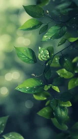 Gentle green leaves glistening softly after fresh rain.