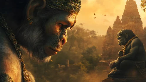 Regal simian figures in reflective temple landscape scene.