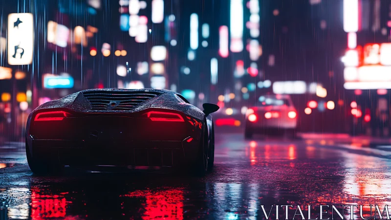 Futuristic sports car idles on wet neon city street at night