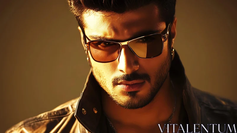 Moody cinematic portrait of man in reflective sunglasses.