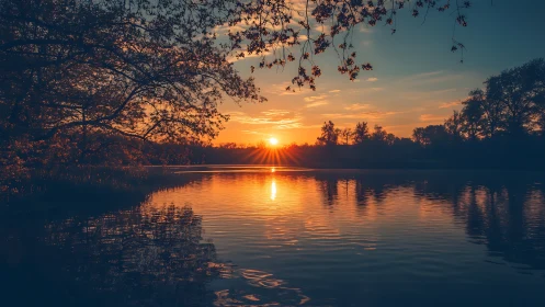 Sun sets over still lake framed by silhouetted shoreline trees