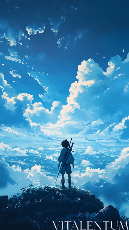 Young figure with sword overlooking vast cloudscape sky.