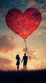 Silhouetted Couple Holding Giant Red Heart Balloon Against Twilight Sky