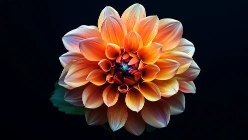 Orange Dahlia with Gradient Petals Against Black Background.