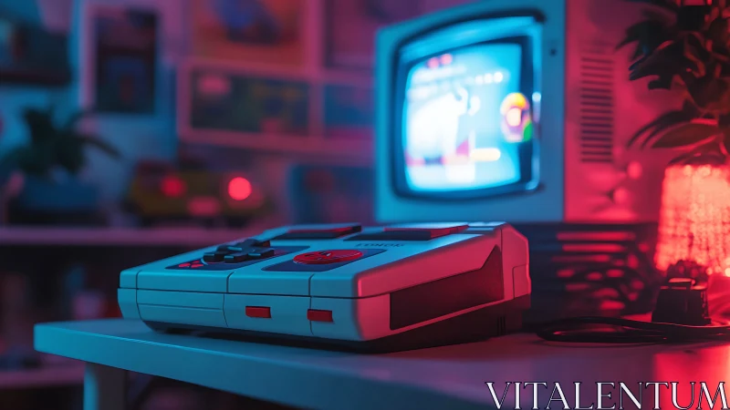 Retro Gaming Console with CRT Monitor in Neon Cyberpunk Environment Setup