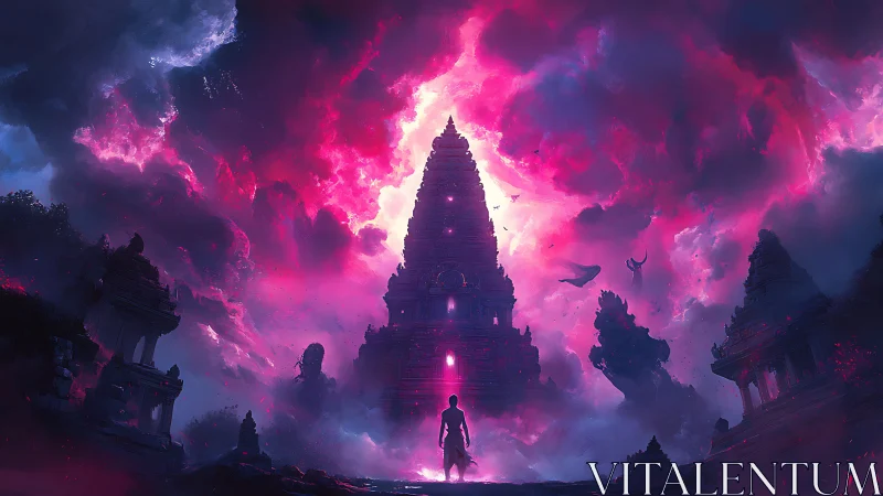 Mythic temple silhouette under magenta storm nebula sky