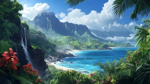 Tropical Paradise Valley Waterfall Coastal Landscape Digital Rendering.