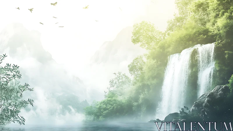 Mist-draped cliffs hush the forest while waterfalls whisper light