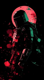Armored bounty hunter silhouette under neon crimson moon