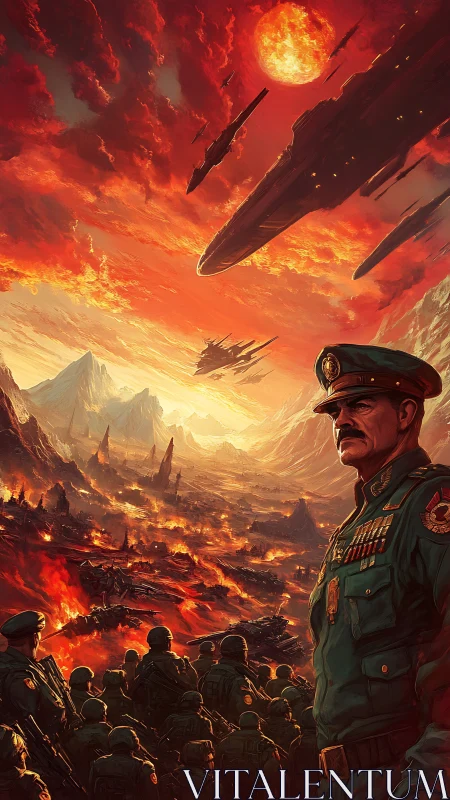 Military commander observes burning alien battlefield under red sun