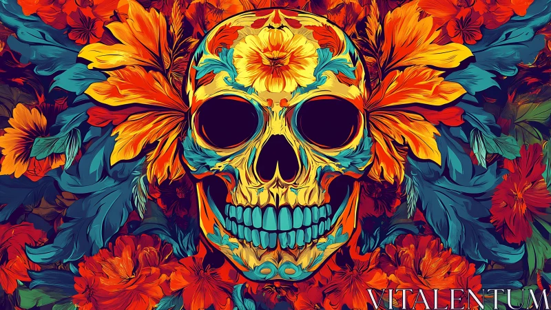 Skull illustration centered in dense red and teal floral field