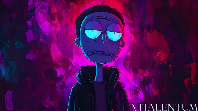 Cartoon character in neon-lit abstract environment portrait.