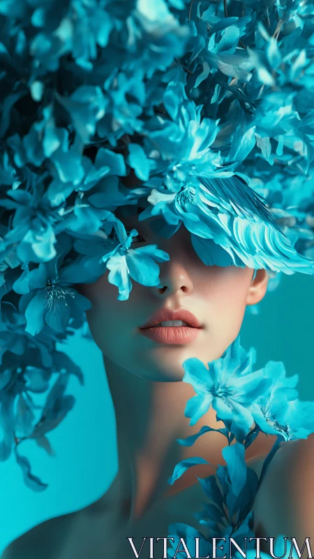 Portrait shows stylized face framed by dense cyan blossoms