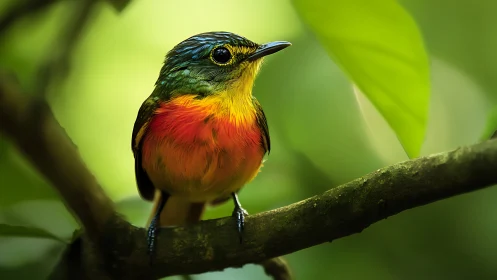 Vibrant tropical songbird perched on branch in lush green forest.