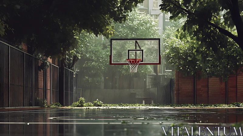 Rain-soaked urban basketball court rests under lush green trees.