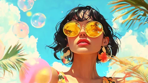 Woman in reflective sunglasses stands against blue sky backdrop