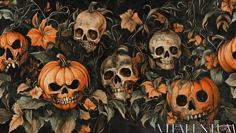 Tangled pumpkin skulls in haunted autumn foliage at night.