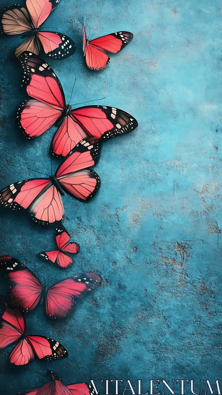 Crimson butterflies against textured cyan gradient wall.