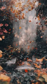 Secret garden corner glows softly under drifting autumn leaves