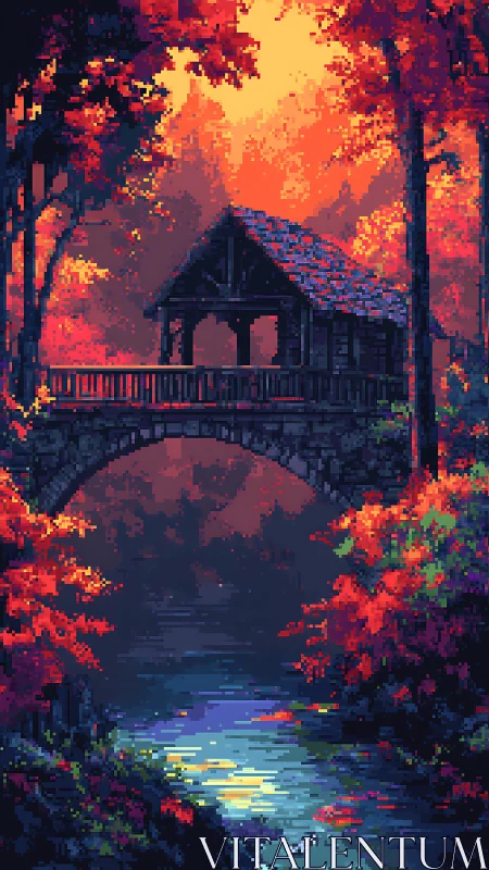 Covered stone bridge over river in dense autumn forest.