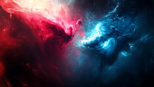 Cosmic red and blue nebula clash in dynamic digital abstraction.