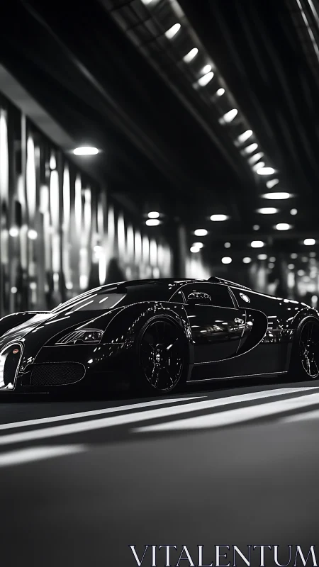Sleek black hypercar glides through illuminated tunnel at night.