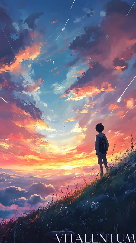 Solitary youth gazes toward luminous meteor-streaked sunset sky.