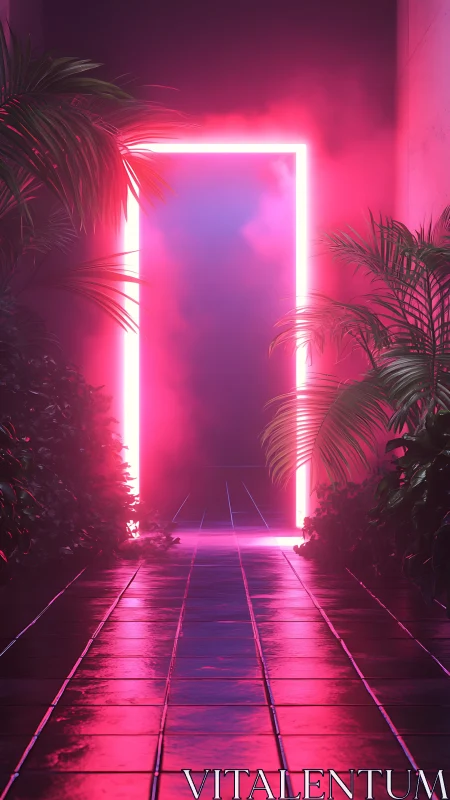 Neon portal corridor amid tropical plants and vapor glow.