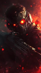 Armored soldier with glowing visor in burning atmosphere.