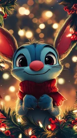 Blue cartoon creature in scarf among festive lights.