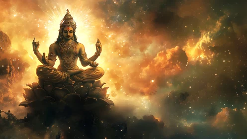 Divine cosmic deity meditates within radiant nebula light