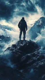 Solitary climber stands on icy mountain ridge amid storm