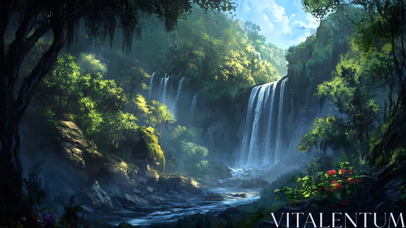 Majestic Waterfall in Misty Canyon Forest Sanctuary