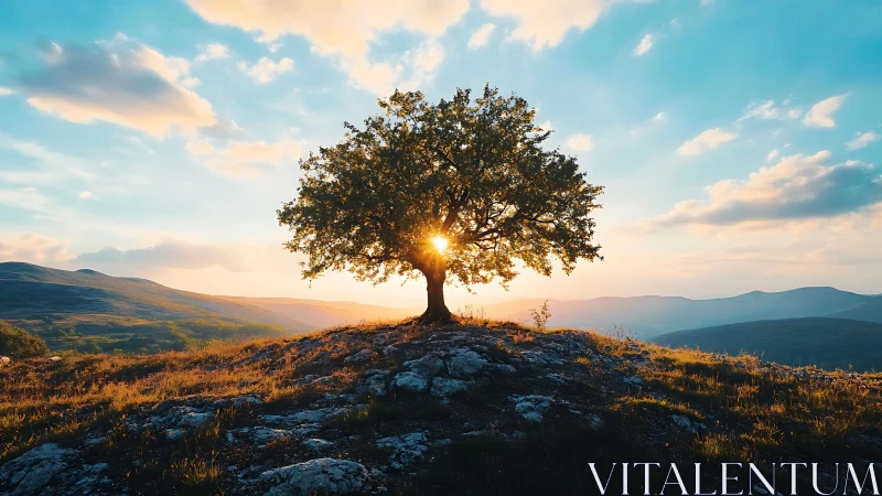Golden hilltop tree glowing in gentle evening sunlight.