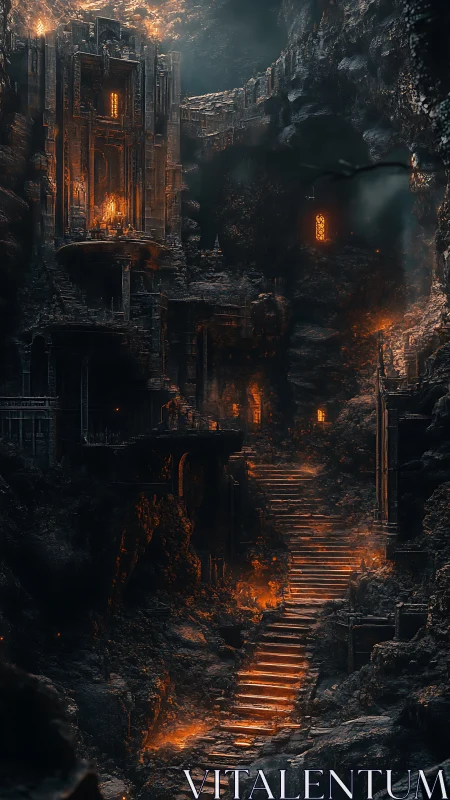 Underground Cavern City Glowing With Molten Fire and Ancient Architecture