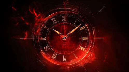 Glowing red clock face radiates energy in digital space.