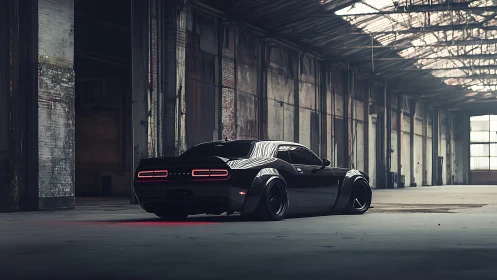 Blacked-out muscle car under skylit abandoned warehouse roof.