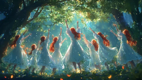 Red haired maidens dancing under glowing forest canopy.
