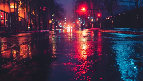 Neon rainlit city street glowing with midnight reflections.