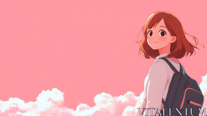 Backlit schoolgirl under saturated pastel stratocumulus sky.