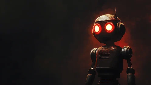 Rusty little robot glows warmly in the smoky dark night