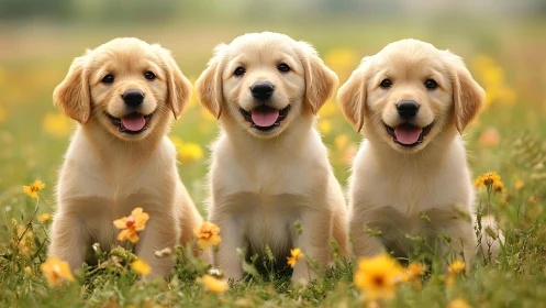 Golden retriever puppies sitting in wildflower meadow.
