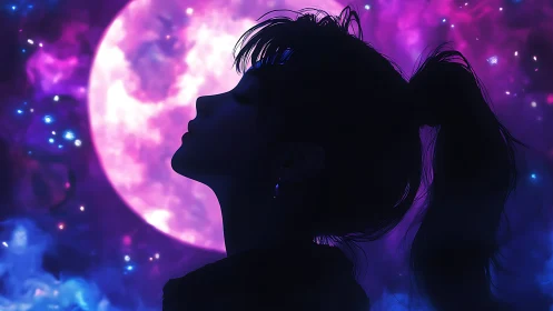 Moonlit silhouette savors quiet dreams in glowing nebula sky